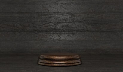Round wooden podium, simple curve background, 3D illustration