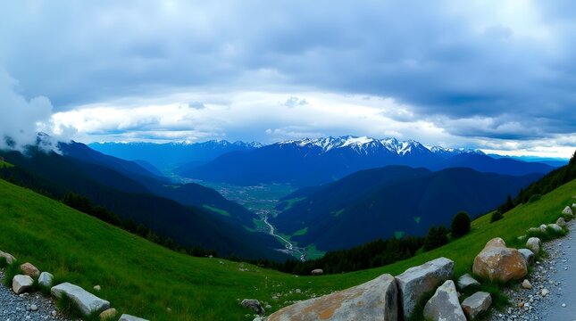 Majestic mountain panorama with green slopes and snow-capped peaks under a dramatic sky. Scenic landscape, ideal for travel and nature themes.