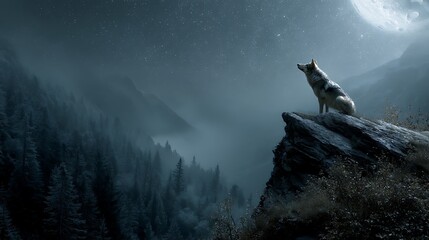 Solitary wolf on moonlit mountain peak