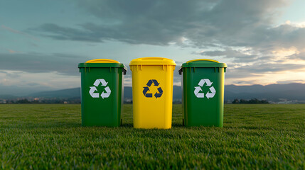 Three Recycling Bins on Grassy Field at Sunset