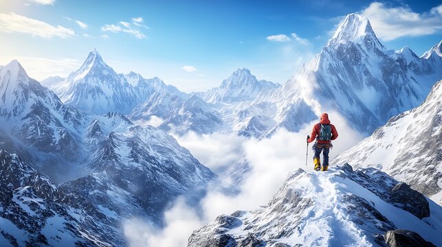 A mountaineer carefully traversing a snowy ridge, their breath visible in the air as they take in the stunning, vast view of the snow-covered peaks around them