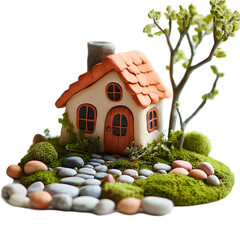Adorable Miniature Clay House with Moss and Stones: Perfect for Fairy Gardens on white background