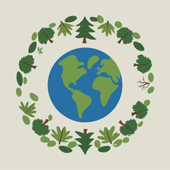 Flat illustration of Earth surrounded by trees, leaves, and wild animals. Perfect for themes about nature, biodiversity, conservation, and environment protection
