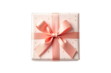 Elegant gift box, top view. Perfect for birthday, Mother's Day, New Year, Valentine's, Christmas, anniversary, wedding greetings. Pale pink, gold polka dots, salmon ribbon. Isolated. Festive.