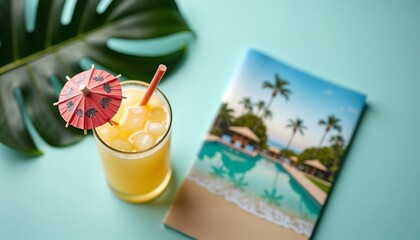 Tropical drink and beach book high angle view bright vibrant colors relaxation vacation reading