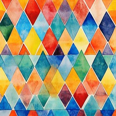 Colorful Harlequin Pattern: A vibrant and playful watercolor harlequin pattern with a spectrum of bright, inviting colors, suitable for backgrounds, graphic design, and artistic projects.