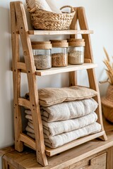 Rustic wooden shelving with linens, baskets, and jars in cozy home setting