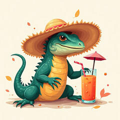 Fototapeta premium Lizard wearing sombrero enjoying a drink on a sunny day 