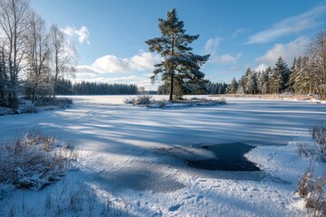 Winter Wonderland: Frozen Lake with Pine Tree and Snow-Covered Banks under a Bright Sky