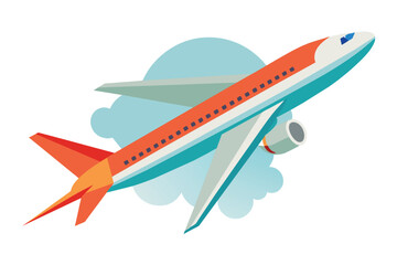 Vibrant and colorful illustrated airplane soaring through the sky with fluffy clouds in the background. Ideal for travel and aviation themes.