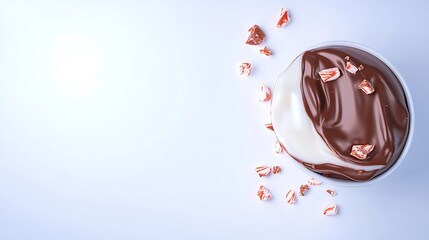 Chocolate and vanilla swirl with scattered peppermint pieces in a bowl on a white surface