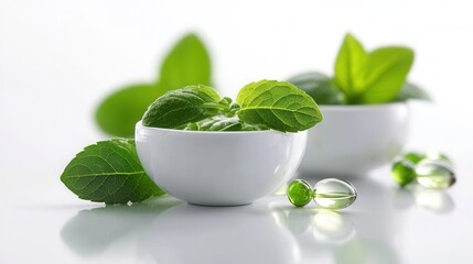 Obraz premium Fresh mint leaves in white bowls with supplement capsules