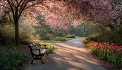Serene Spring Park Bench: Blossoming Trees, Tulips, Pathway, Sunlight, Tranquil Garden, Peaceful Nature, Springtime Scenery, Scenic View, Garden Path, Blooming Flowers