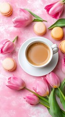 Pink Tulips Macarons Coffee Morning Breakfast Still Life