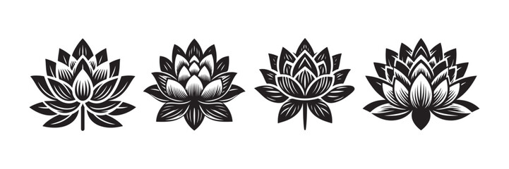 Set of lotus silhouette flowers icon vector art illustration,  sign yoga and meditation for spa salon