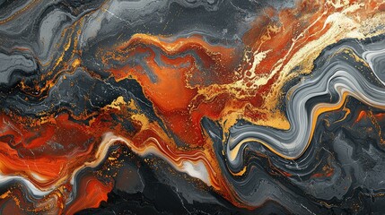 Obraz premium Generate a dynamic abstract marble mural with fiery red, orange, and gold streaks across a dark gray background.