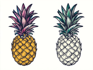 Fototapeta premium A Colored And Without Colored Hand Drawn Pineapple Vector Illustration