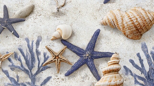 Top view of seashells and starfish arranged on beach sand