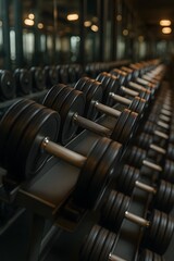 Row of heavy dumbbells on rack in modern gym setting. Fitness equipment symbolizing strength training, workout routines, and a healthy lifestyle atmosphere.