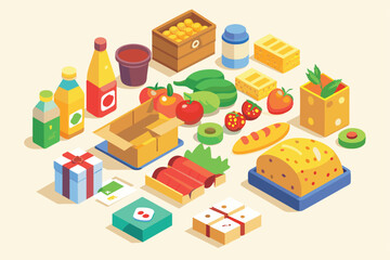A vibrant isometric illustration displaying a variety of food items. Includes bread, vegetables, and packaged goods. Perfect for concepts of grocery shopping and nutrition.