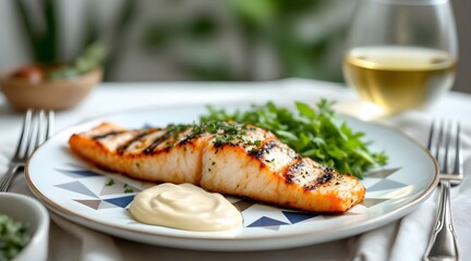 Grilled Salmon with Lemon-Dill Sauce and Salad
