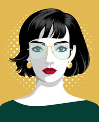 1551_Vector illustration of beautiful woman with shiny black hair wearing elegant golden optical glasses and dark green classical dress