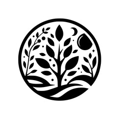 Black & White Nature Logo: Tree, Moon, Circle, Minimalist Design