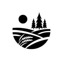 Minimalist Farm Landscape Silhouette - Black & White Vector