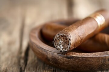 Close-up of a luxury hand-rolled cigar in wooden ashtray
