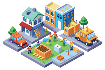 Colorful isometric illustration of a neighborhood with houses, people, cars, and construction work depicting community and development.