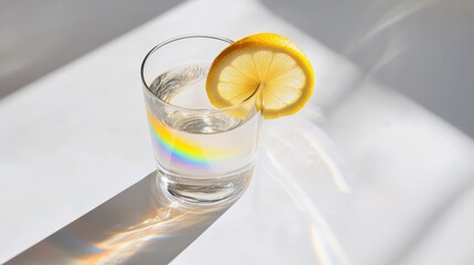  Lemon in glass with rainbow reflection on white table
