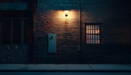 Dimly lit brick wall with closed door and glowing outdoor lantern at night