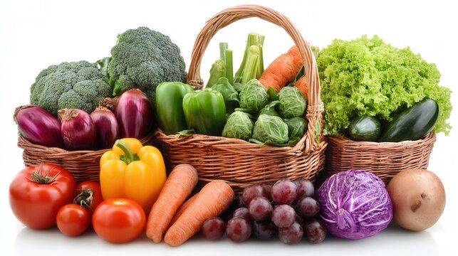 Fresh vegetables in wicker baskets