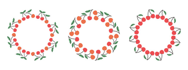 Fruit frame set. Cherry design template, copy space. Cute hand drawn fruits round frame in doodle style. Circular template. Hand drawn fruits circle border.