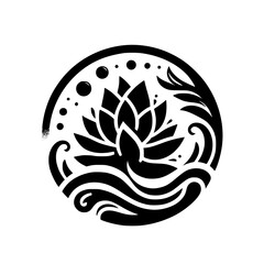 Elegant Black and White Lotus Logo in a Circle, Vector Design