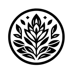 Minimalist Botanical Floral Emblem in Circle, Black & White