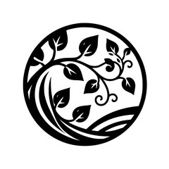 Minimalist Black & White Leafy Circle Design - Nature Emblem