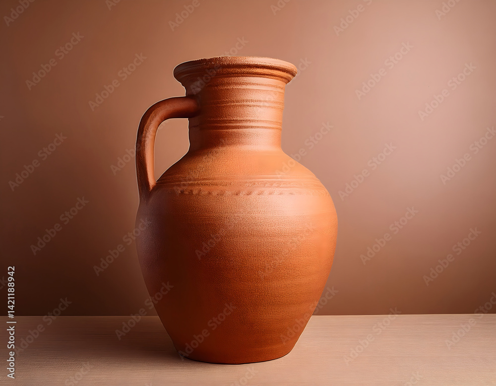 Poster Clay pottery jar with a textured surface against a simple background