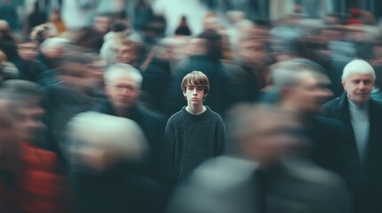  Lonely teenager standing still in a fast-moving crowd, concept of isolation and social anxiety