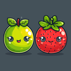 Cute kawaii strawberry and apple character. Vector flat cartoon character illustration icon design