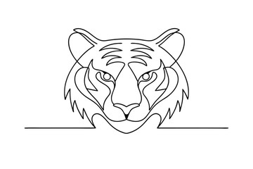Minimalist continuous line drawing of a majestic tiger head on white background