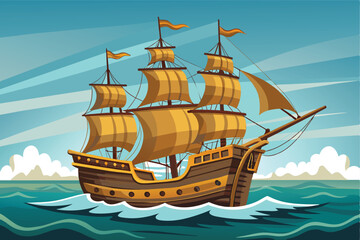 A colorful illustration depicting a classic vintage sailing ship navigating through ocean waves under a clear blue sky. Perfect for themes of adventure and exploration.
