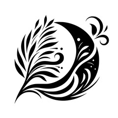 Black & White Floral Crescent Illustration: Elegant Vector Design