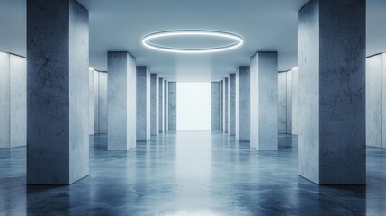Modern Minimalist Interior Space with Concrete Pillars and Lighting
