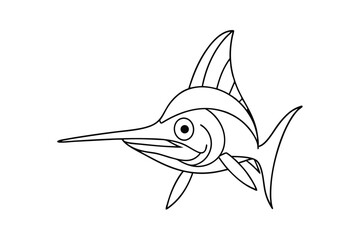 Black and white line art illustration of a cartoon marlin fish marine wildlife