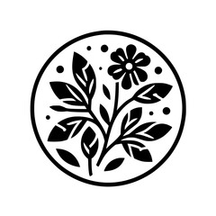 Black & White Floral Circle Illustration, Nature Icon, Modern Design