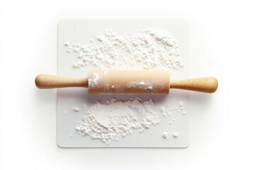Silicone baking mat with flour and rolling pin on white background