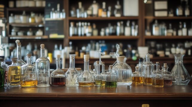 Glass bottles and flasks on a bar counter