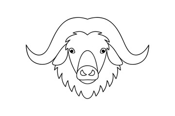 Simple linear buffalo head design with large horns ideal for childrens coloring books and educational resources