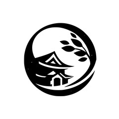 Zen Garden Silhouette: Japanese House and Moon in Circle, Vector